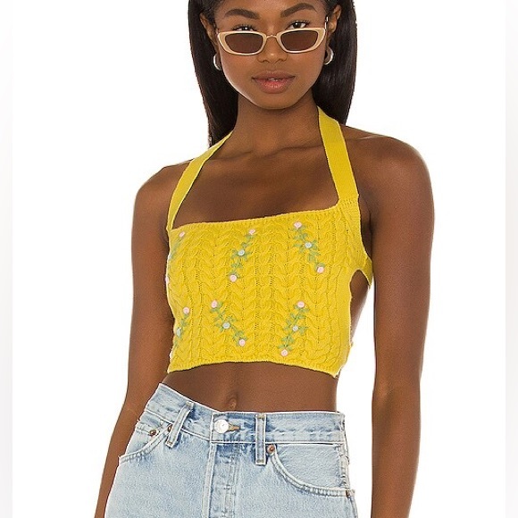 Danielle Guizio Tops - GUIZIO Revolve Exclusive Cable Knit Floral Embroidered Halter Top in Dandelion